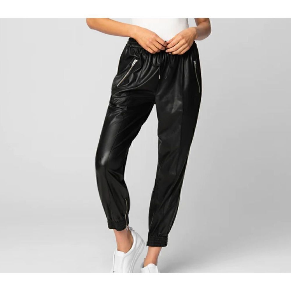 Blank NYC Running Wild Pant Black Vegan Leather Joggers Zip Pocket Pull-On sz 27